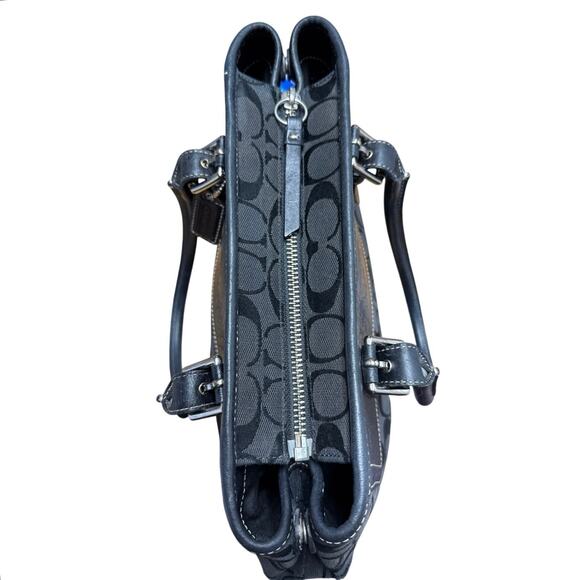 Coach Jacquard Hampton Tote Black Logo Y2K F11220 Fabric Leather Trim 2 Handles - Picture 6 of 13